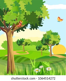 Green hills, growing trees, nature concept vector, natural vector landscape