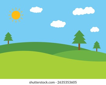 Green hills landscape,  hill tree and sun on blue sky, vector illustration