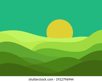 Green hills landscape in minimalist style. Boho decor for prints, posters and interior design. Mid Century modern decor. Green fields. Vector illustration