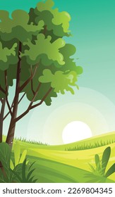 Green hills landscape with trees and sunrise on the horizon, nature scenery vector illustration.