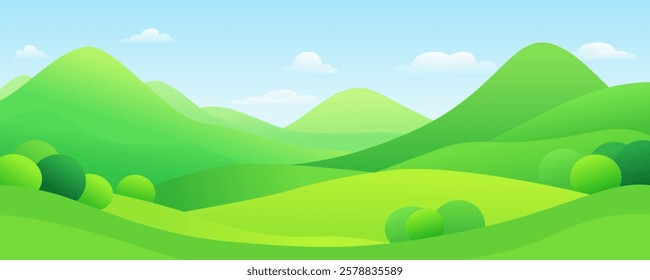 Green hills and mountains, abstract trees and blue sky with clouds. Abstract summer landscape for background and design. Abstract vector illustration of nature.
