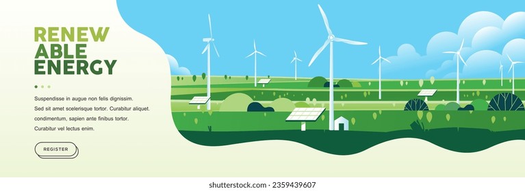 Green hills nature landscape Eco friendly technology, renewable alternative energy, wind turbine, sustainable environment banner