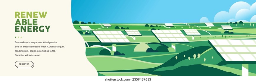 Green hills nature landscape Eco friendly technology, renewable alternative energy, solar panel, sustainable environment banner