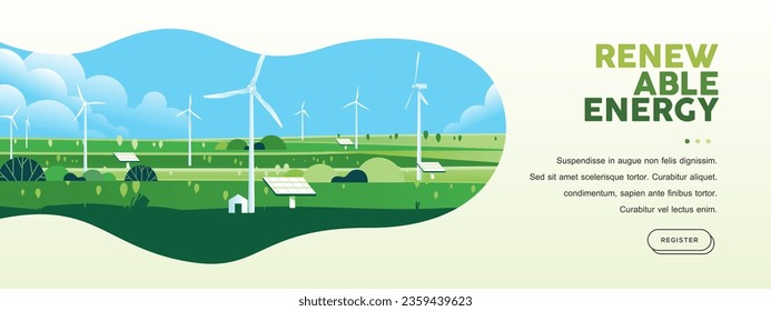 Green hills nature landscape Eco friendly technology, wind turbine, renewable alternative energy, sustainable environment banner