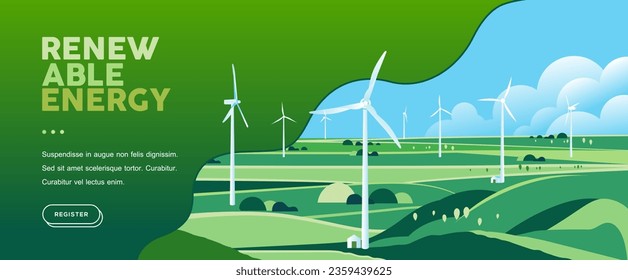 Green hills nature landscape Eco friendly technology, wind turbine, sustainable environment banner, renewable alternative energy