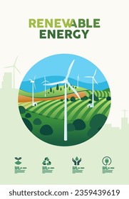 Green hills nature landscape, environment, ecology, field, meadows, renewable alternative energy, wind turbine poster banner concept