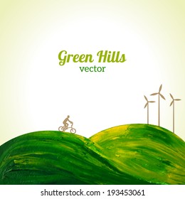 Green hills painted in oil. Vector illustration. Ecology concept with cyclist and wind turbines.