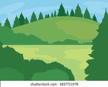 green hills with pine trees landscape, colorful design, vector illustration