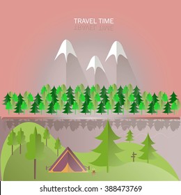 Green hills, trees and forest, violet mountains with white peaks, pink skies, river, tent, gray shade. Modern flat design, background, design element, vector
