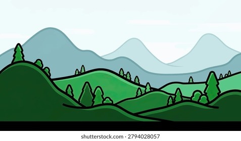 Green hills with trees on landscape