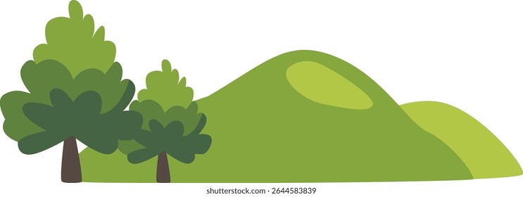 Green hills with two trees and fresh foliage, ideal for nature scenery, eco-friendly landscapes, garden decoration, forest backgrounds, outdoor environment visuals, and natural illustrations.