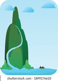 Green hills with a waterfall. Sea lagoon with people on the boat. Vector illustration in flat style. Design for postcards, posters, cards, t-shirts, textiles, backgrounds, stamps.