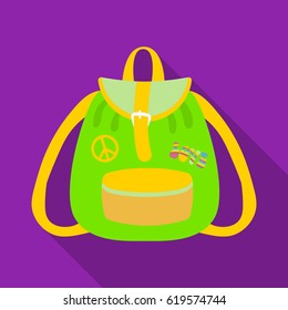 Green hippy backpack.Hippy single icon in flat style vector symbol stock illustration web.