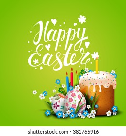 Green holiday background. Handwriting inscription Happy Easter. Template vector card with realistic eggs, cake and flowers. Floral painted. Lettering, calligraphy.