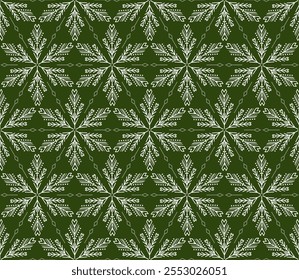 Green holiday seamless pattern of winter motif. Northern ethnic ornament. White ornate snowflakes on dark green background. Romantic christmas design. Monochrome folklore ornament. Hexagonal elements