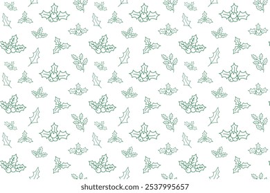 Green Holly Berry Outline Icons Seamless Pattern on White Background. Winter Holidays endless pattern with holly berries icons for wrapping paper, packaging, festive designs. 