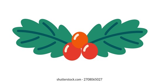 Green holly leaves, featuring three bright red berries. Flat style vector illustration. Ideal for holiday borders, greeting card design, winter wedding graphics, Christmas and New Year celebration.