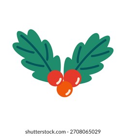Hojas de acebo verde, con tres bayas rojas brillantes. Ilustración vectorial de estilo plano. Ideal para los bordes de vacaciones, diseño de tarjetas de felicitación, gráficos de bodas de invierno, Navidades y celebración de Año Nuevo.