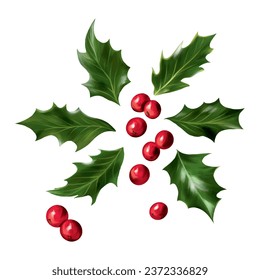 Green holly leaves and red berries. Vector illustration for New Year composition. Greeting cards, Christmas invitations, themed banners, flyers.