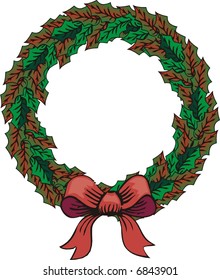 Green holly leaves with ribbon garland on white background.