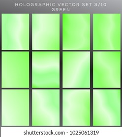 Green Hologram background vector set.  Pack with 12 different green holographic abstract backdrops. Useful for retro style surface