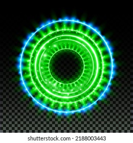 Green hologram portal. Magic fantasy portal. Magic circle with halo effect. Vector green glow scifi teleport with sparks and hologram, technology background.