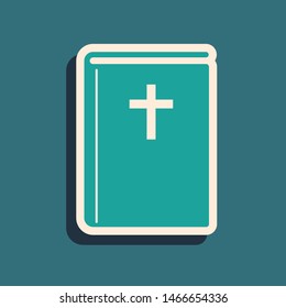 Green Holy bible book icon isolated on blue background. Long shadow style. Vector Illustration