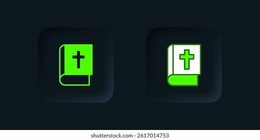 Green Holy bible book icon isolated on black background. Black square button. Vector