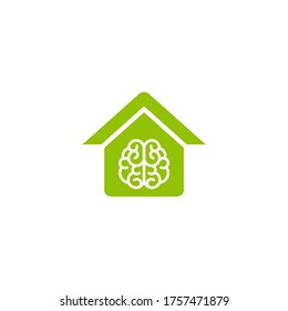Green home with brain inside. Smart house concept. Creative building. Icon isolated on white. Apartment remote control. Eco friendly house. recycle and reuse home sign.