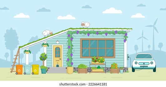 green home concept, green vegetable garden, space management, electric car, wind turbines, green house roof, nature protection, waste sorting