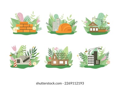 Green home construction process. Ecological house building with sustainable, nature friendly construction materials cartoon vector illustration