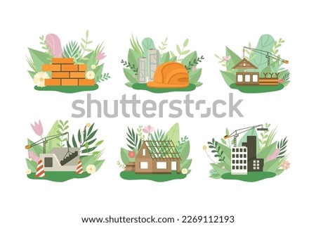 Green home construction process. Ecological house building with sustainable, nature friendly construction materials cartoon vector illustration