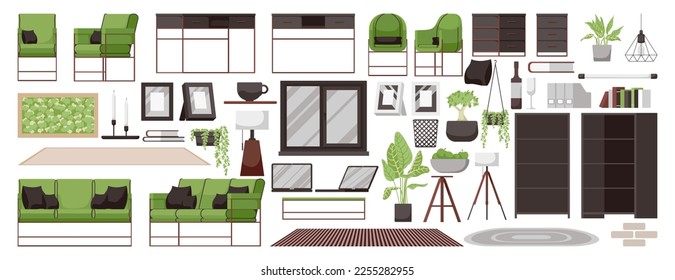 Mobiliario de casa verde aislado en un fondo blanco. Colección de muebles de moda, elementos interiores para la decoración de oficina. Sillón y sofá, diferentes íconos del accesorio de la casa. Ilustración vectorial plana