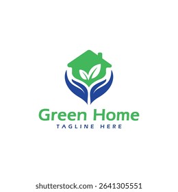 Green home hand care eco logo design modern minimal concept hand leaf home