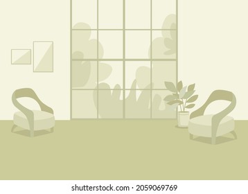 Grüne Inneneinrichtung, flache Vektorgrafik. Gemütliches Wohnzimmer. Komfortable Lifestyle. Moderne Wohnung mit Stühlen. Wohnzimmer-2D-Cartoon-Wohnung mit Panoramafenster auf Hintergrund