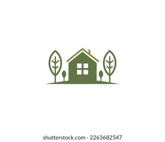 Green Home Landscape Logo Design With Plants And Trees Symbol Vector Template. 