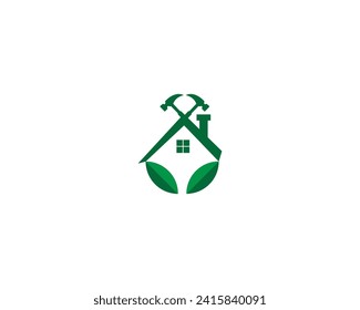 Green home leaf hammer logo design.