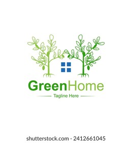 Green Home Logo Design Template With Trees.