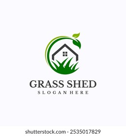 Green home logo design template. Grass storage shed concept. Creative vector symbol.