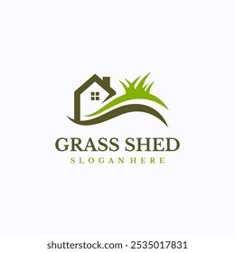 Green home logo design template. Grass storage shed concept. Creative vector symbol.