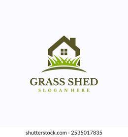 Green home logo design template. Grass storage shed concept. Creative vector symbol.