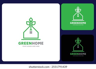 Green Home Logo Design Template, green leaves eco home