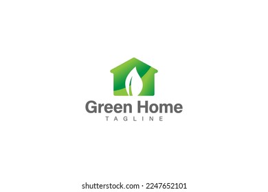 Logo del hogar verde, plantilla de diseño de vectores de hoja verde y de hogar
