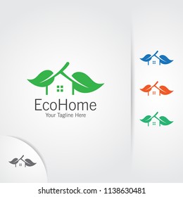 Green home logo, nature and ecology concept with leaves and tree vector design.