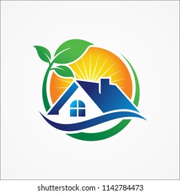 Green home logo, real estate landscaping with leaf variation 1