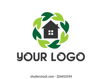 Green home logo, round leaf elements.Eco home.