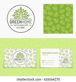 Green Home Logo Set Consisting Of Emblem, Pattern And Cards For Natural Product Market, Organic Shop, Ecology Company, Green Unity, Nature Firm, Garden, Farming, Forest. Vector Illustration