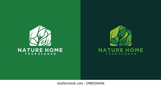 Green Home Nature Logo Design, House Shaped Leaf Concept