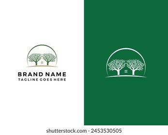 Green home with tree logo icon vector template