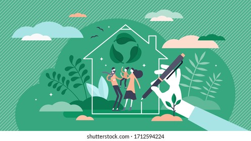 Green home vector illustration. Ecological house flat tiny persons concept. Build property with sustainable, nature friendly construction materials. Zero waste eco approach in buildings to save planet